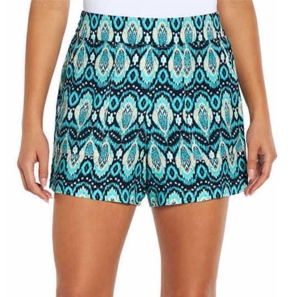 WILDFOX Womens Size M Lightweight Rayon Summer Shorts Geometric Feathers Blue